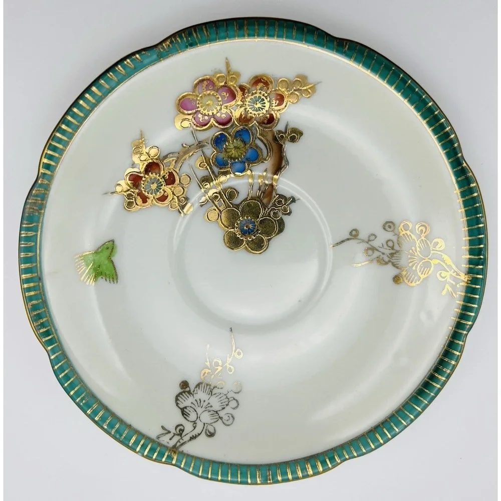 Trimont Teacup Saucer Set Black Gold Moriage Jeweled Floral Japan Vintage China